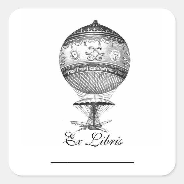 Pegatina Cuadrada Hot Air Ballon Steampunk Bookplate (Anverso)