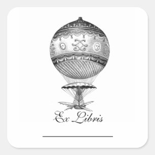 Pegatina Cuadrada Hot Air Ballon Steampunk Bookplate
