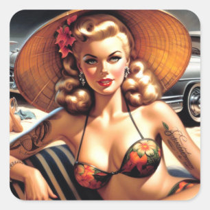 Pegatina Cuadrada Hot Beach Pin-up
