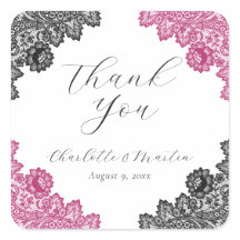 Hot Pink and Black Floral Lace Wedding Thank You