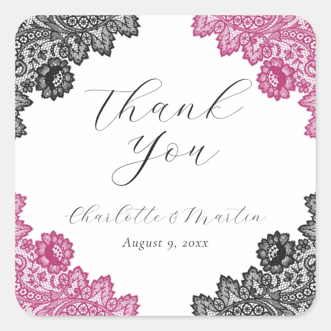 Pegatina Cuadrada Hot Pink and Black Floral Lace Wedding Thank You (Anverso)