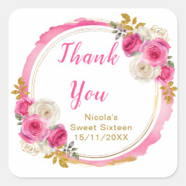 Pegatina Cuadrada Hot Pink and Gold Elegant Flowers Sweet Sixteen