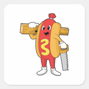 Pegatina Cuadrada Hotdog como Carpintero con Saw y Wood