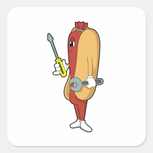 Pegatina Cuadrada Hotdog como mecánico con herramienta (Anverso)