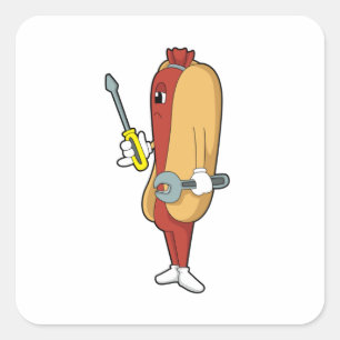 Pegatina Cuadrada Hotdog como mecánico con herramienta