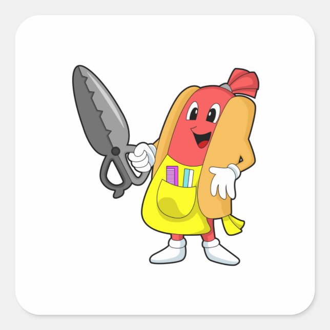 Pegatina Cuadrada Hotdog como peluquero con tijeras (Anverso)