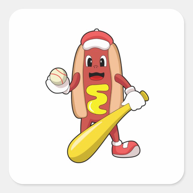 Pegatina Cuadrada Hotdog de Béisbol con bate de béisbol (Anverso)