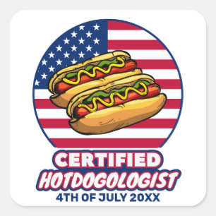 Pegatina Cuadrada Hotdogólogo certificado Bandera Americana Perro ca