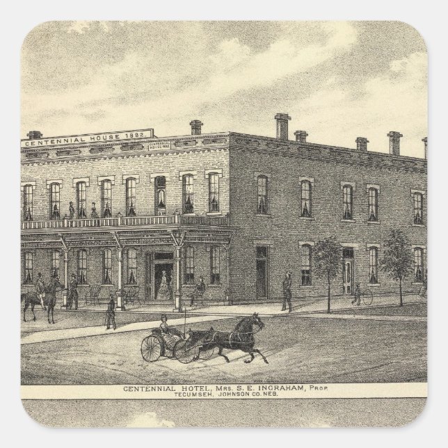 Pegatina Cuadrada Hotel Centennial, Tecumseh, y Neb, Nebraska (Anverso)