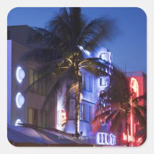 Pegatina Cuadrada Hotel Neon de noche, Ocean Drive, South Miami Beac