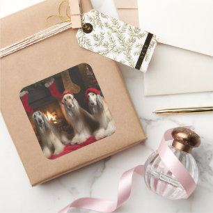 Pegatina Cuadrada Hound afgano por los Navidades de la chimenea