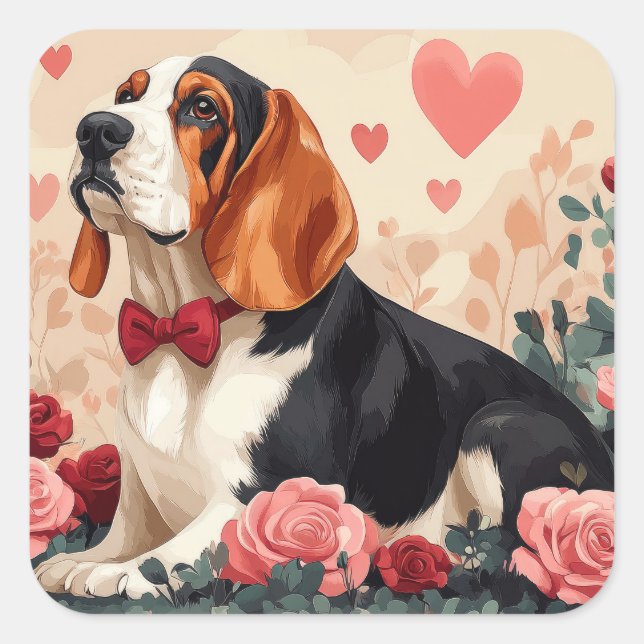 Pegatina Cuadrada Hound Basset con Rosas - El día de San Valentín (Anverso)