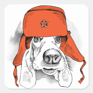 Pegatina Cuadrada Hound Basset Gorra Red Ushanka