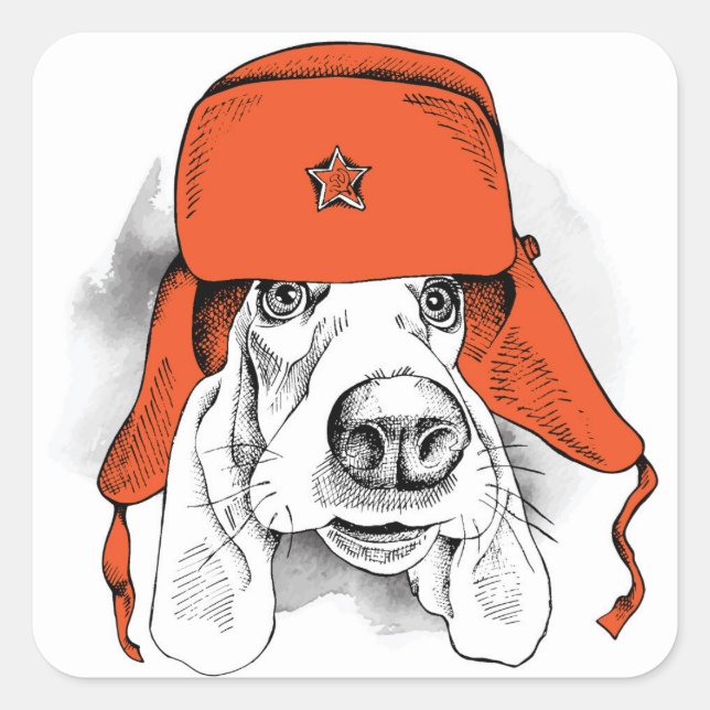 Pegatina Cuadrada Hound Basset | Gorra Red Ushanka (Anverso)