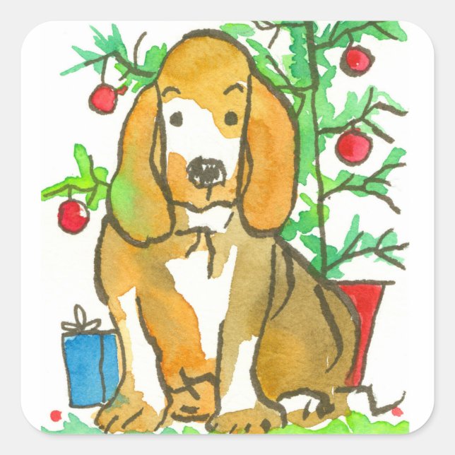Pegatina Cuadrada Hound Dog Merry Christmas (Anverso)