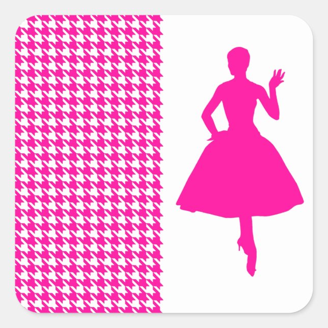 Pegatina Cuadrada Houndstoth rosa moderno con Silhouette de moda (Anverso)