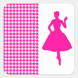 Pegatina Cuadrada Houndstoth rosa moderno con Silhouette de moda