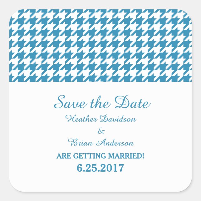 Pegatina Cuadrada Houndstoth Save the Date Pegatinas, azul (Anverso)