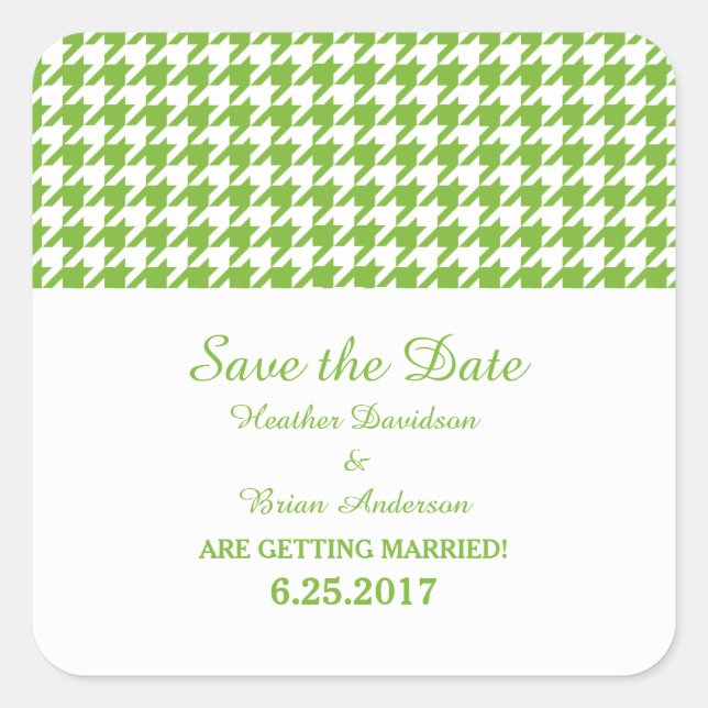 Pegatina Cuadrada Houndstoth Save the Date Pegatinas, Green (Anverso)