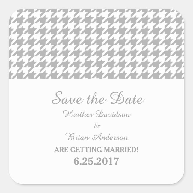 Pegatina Cuadrada Houndstoth Save the Date Pegatinas, gris (Anverso)