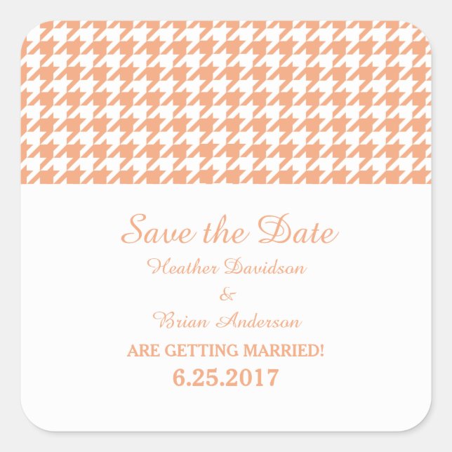 Pegatina Cuadrada Houndstoth Save the Date Pegatinas, Naranja (Anverso)