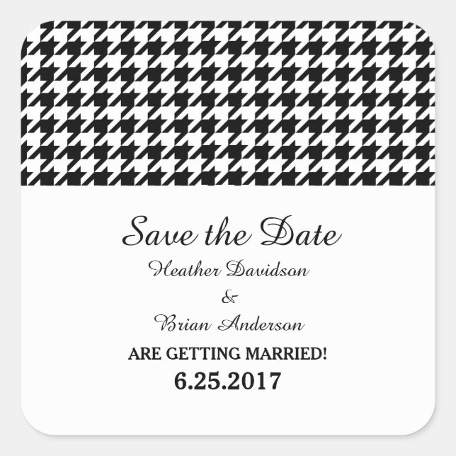 Pegatina Cuadrada Houndstoth Save the Date Pegatinas, negro (Anverso)