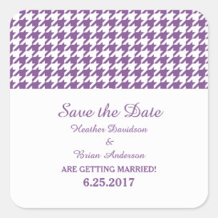 Pegatina Cuadrada Houndstoth Save the Date Pegatinas, Purple