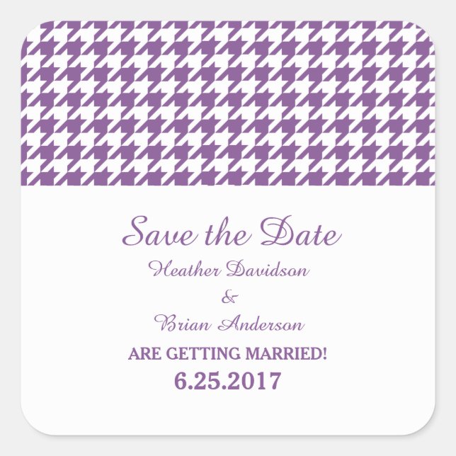 Pegatina Cuadrada Houndstoth Save the Date Pegatinas, Purple (Anverso)