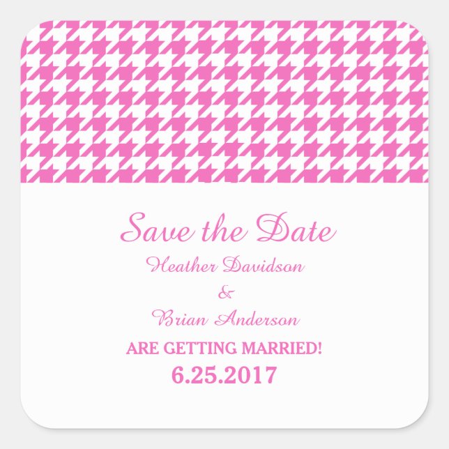 Pegatina Cuadrada Houndstoth Save the Date Pegatinas, rosa (Anverso)