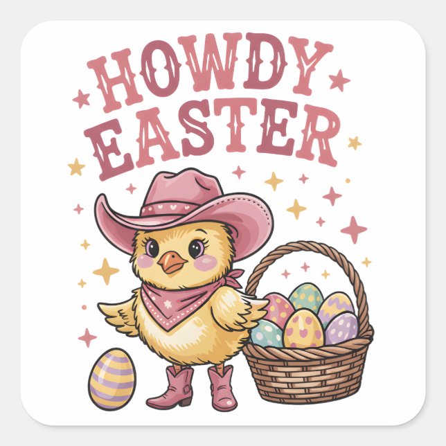 Pegatina Cuadrada Howdy Easter Chick Cute Egg Hunt Spring Farm (Anverso)