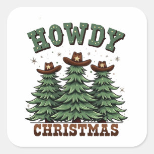 Pegatina Cuadrada Howdy Navidades Cactus Western Xmas