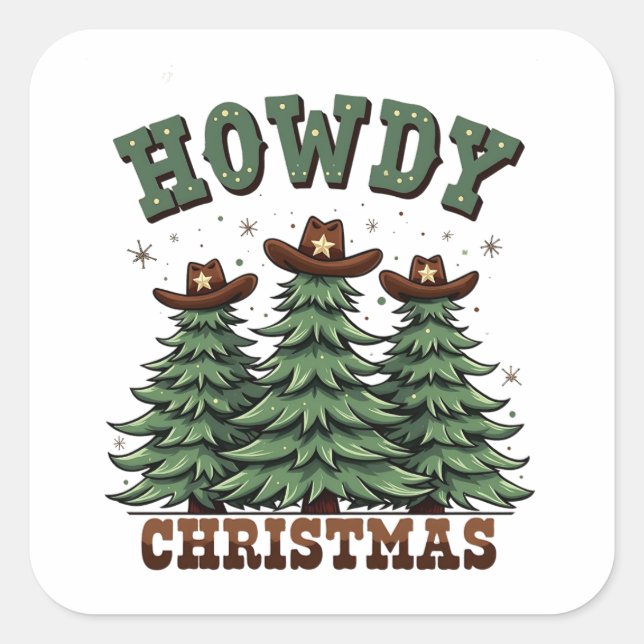 Pegatina Cuadrada Howdy Navidades Cactus Western Xmas (Anverso)