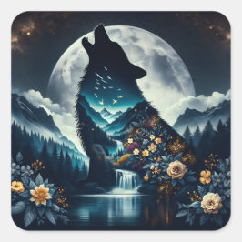 Pegatina Cuadrada Howling Wolf | Arte Ai Luna Completo