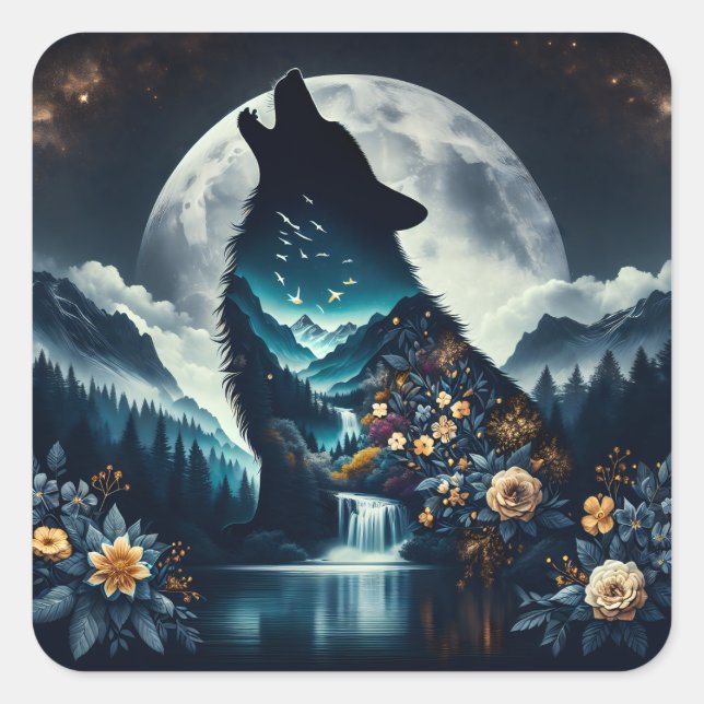 Pegatina Cuadrada Howling Wolf | Arte Ai Luna Completo (Anverso)