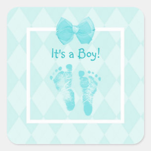 Pegatina Cuadrada Huellas de niño pequeño lindo Baby Shower Blue Rib
