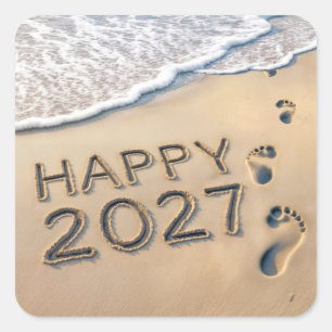 Pegatina Cuadrada Huellas de playa año nuevo 2027
