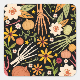 Pegatina Cuadrada Huesos de Halloween, patrón sin costuras florales.