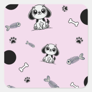 Pegatina Cuadrada Huesos de peces rosados y negros Cachorro de cumpl