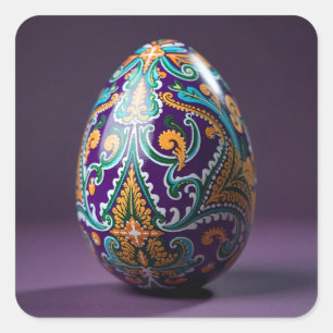 Pegatina Cuadrada Huevo de Pascua de remolino dorado y azul verdoso