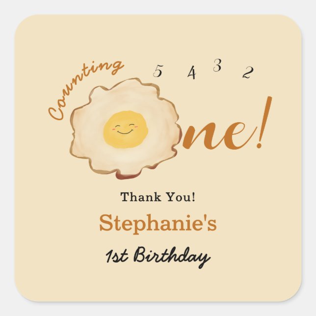 Pegatina Cuadrada Huevo frito lindo primer cumpleaños (Anverso)