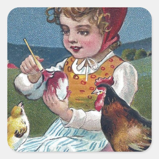 Pegatina Cuadrada Huevo pintado de Chica de Pascua con pollo (Anverso)