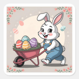 Pegatina Cuadrada Huevos de conejo de Pascua y Wheelbarrow