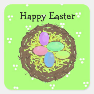 Pegatina Cuadrada Huevos de Pascua en un Nido