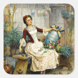 Pegatina Cuadrada Huevos de Pascua, magnífica pintura de época
