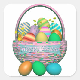 Pegatina Cuadrada Huevos de Pascua pintados en la canasta