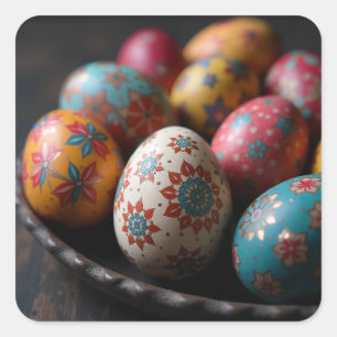 Pegatina Cuadrada Huevos de Pascua Pintados en un Tazón Rústico