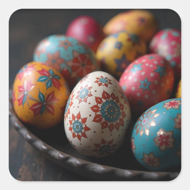 Pegatina Cuadrada Huevos de Pascua Pintados en un Tazón Rústico (Anverso)