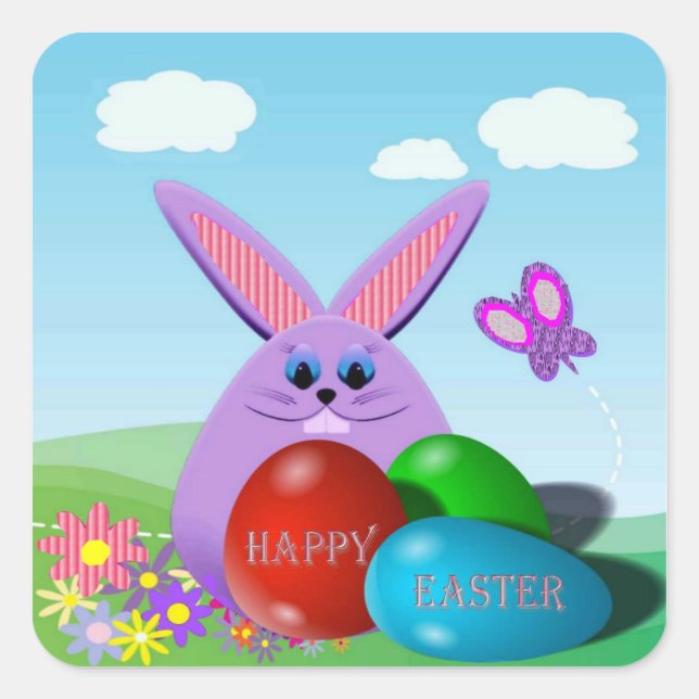 Pegatina Cuadrada Huevos de Pascua y conejo (Anverso)