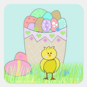 Pegatina Cuadrada Huevos de Pascua y pollito