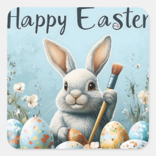 Pegatina Cuadrada Huevos de pintura de conejitos de Pascua: Arte de 